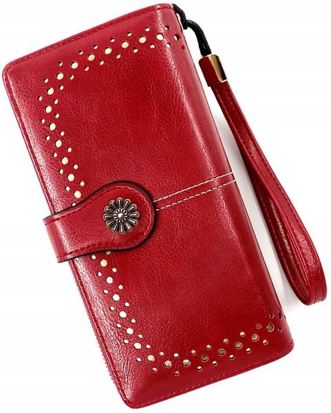 Portfel Skórzany duży pojemny ażurowy pasek boho C2_B_Czerwony zdjęcie 5