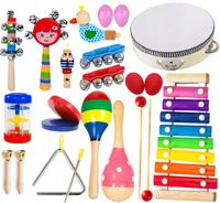 DREWNIANE INSTRUMENTY MUZYCZNE DUŻY ZESTAW CYMBAŁKI TRÓJKĄT 18 EL. + TORBA