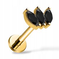 PIERCING Kolczyk Złoty labret czarne cyrkonie markizy TYTAN FLAT 1.2/6