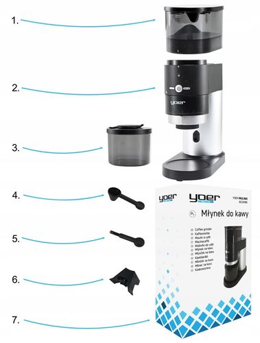 Elektryczny młynek kawy Żarnowy Yoer 150W AUTOMATYCZNY +43 Poziomy mielenia na Arena.pl