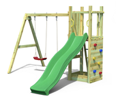 Plac zabaw drewniany DUMO Przytulny Zakątek 3 ze zjeżdżalnią 220 cm i podwójną huśtawką