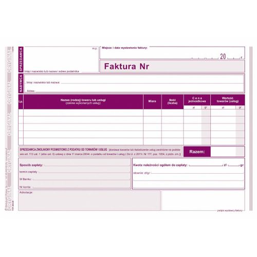 DRUK 203-3E FAKTURA DLA PODATNIKÓW ZWOLNIONYCH Z VAT na Arena.pl
