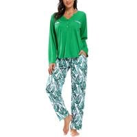 Piżama damska komplet długi rękaw spodnie zielona w liście bawełna XL