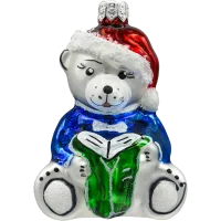 Bombka choinkowa szklana: Miś z książką: srebrny