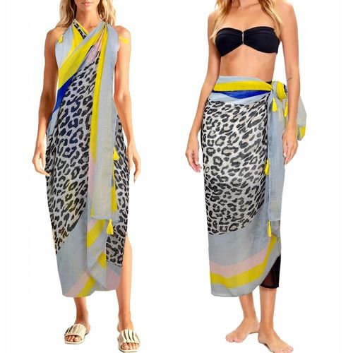 PAREO CHUSTA PLAŻOWA FRĘDZLE narzutka tunika SZAL W PANTERKĘ - modne KOLORY na Arena.pl