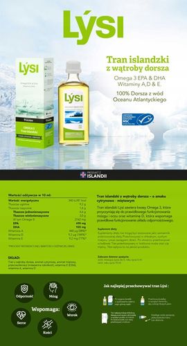 Lysi TRAN ISLANDZKI CYTRYNOWO MIĘTOWY Omega 3 EPA DHA WITAMINA A D E 240 ml na Arena.pl