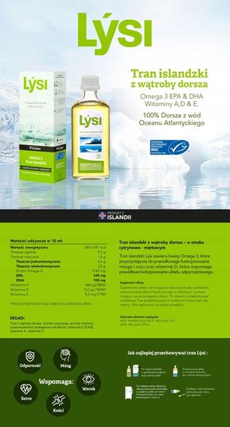 Lysi TRAN ISLANDZKI CYTRYNOWO MIĘTOWY Omega 3 EPA DHA WITAMINA A D E 240 ml zdjęcie 5