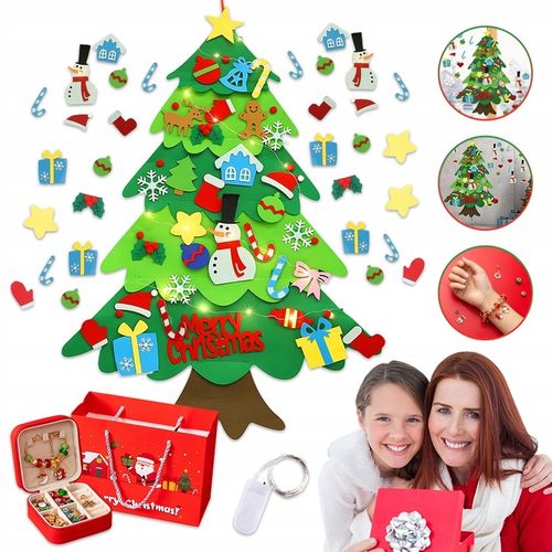 CHOINKA FILCOWA NA RZEPY Z OZDOBAMI DLA DZIECI ŚWIATEŁKA 50 LED NA ŚCIANĘ na Arena.pl