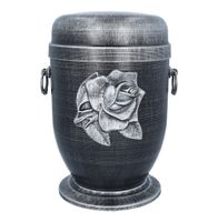 Szara urna kremacyjna na prochy z emblematem róży.