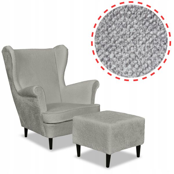 Fotel uszak Bella z podnóżkiem szary welur plusz zdjęcie 1