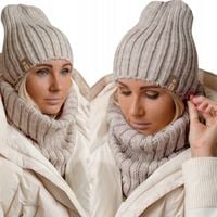 ZIMOWY KOMPLET damski WEŁNIANY KOMIN + CZAPKA gruby i ciepły POLSKI