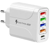 ŁADOWARKA Podróżna 4xUSB 1xPD SZYBKIE ŁADOWANIE Sieciowa QC 48W 2916