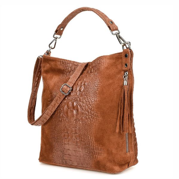 VERA PELLE torebka zamszowa worek kroko z paskiem na ramię V476 brązowa zdjęcie 1