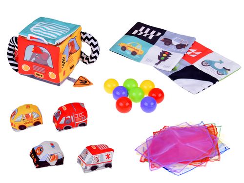 KOLOROWA  KOSTKA SENSORYCZNA POJAZDY PUDEŁKO Z CHUSTECZKAMI na Arena.pl