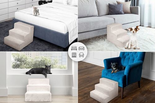 Schodki dla psa 3-stopnie tapicerowane jasnoszare podest dla psa do kanapy na Arena.pl