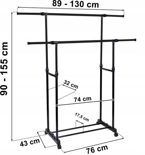 WIESZAK STOJĄCY NA KÓŁKACH PODWÓJNY REGULOWANY WYSUWANY UBRANIA STOJAK na Arena.pl
