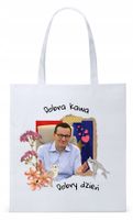 Mateusz Morawiecki Pis Torba Eco Biała Shopper Z Nadrukiem Ze Zdjęciem