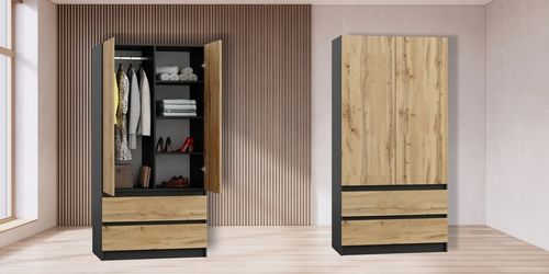 SZAFA ANTRACYT DĄB WOTAN GARDEROBA DUŻA NA UBRANIA OTWIERANA SZUFLADY na Arena.pl