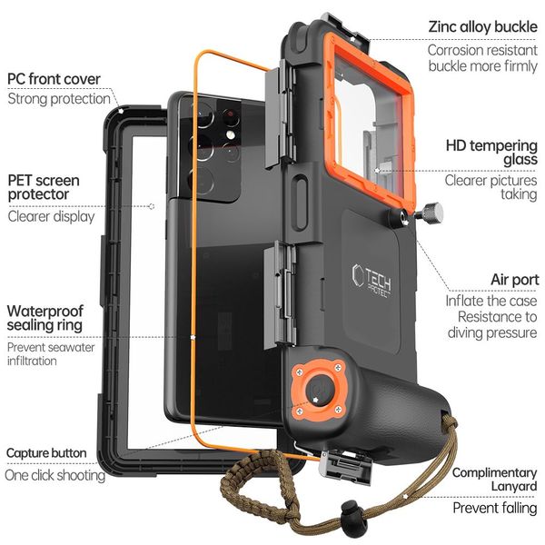 tech-protect ipx8 universal diving waterproof case black/orange zdjęcie 4