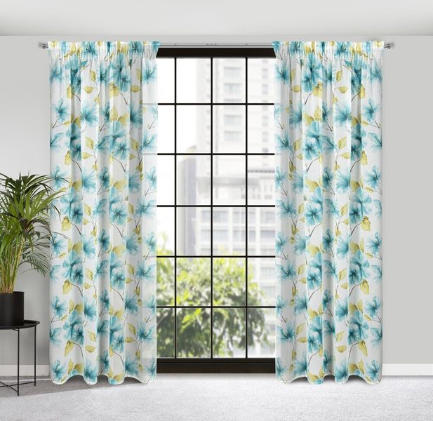 Firana gotowa na taśmie SOFIA 140x270 biała niebieska w kwiaty zdjęcie 2
