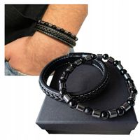 BRANSOLETKA OCHRONA RÓWNOWAGA PEWNOŚĆ SIEBIE HEMATYT AGAT + SKÓRA NATURALNA