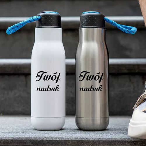 Butelka termiczna 500 ml z Twoim nadrukiem - srebrna z uchwytem z linki na Arena.pl