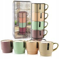 ZESTAW KUBKÓW CERAMICZNYCH 340ML 4 SZT KOLOROWE KUBKI NA METALOWYM STOJAKU