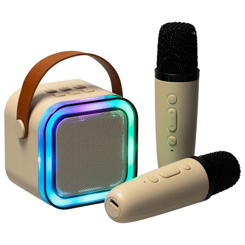 Zestaw Karaoke Głośnik Bluetooth Przenośny + 2 Mikrofony LED USB Beżowy na Arena.pl