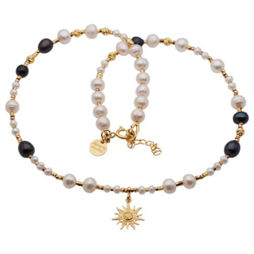 Naszyjnik - Białe, granatowe Perły hodowane i srebro złocone na Arena.pl