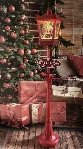 Latarnia świąteczna XL z dźwiękiem wirujący śnieg Mikołaj 180 czerwona na Arena.pl