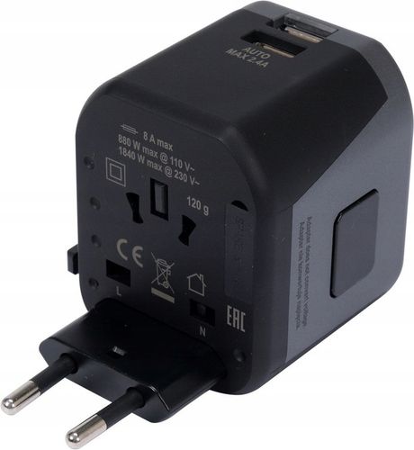 UNIWERSALNY ADAPTER PODRÓŻNY DO PONAD 150 KRAJÓW Z ŁADOWARKĄ 2X USB 5V/2,4A na Arena.pl