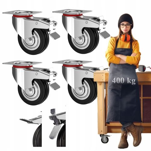 4x Kółka Obrotowe z Hamulcem Skrętne 125mm 400kg Gumowe Zestaw Do na Arena.pl