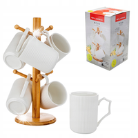 Kubki Florina Alisa 6 szt. 340 ml porcelana białe na bambusowym stojaku