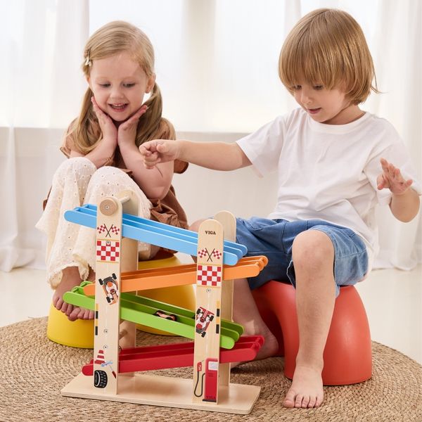 VIGA Drewniana Podwójna Zjeżdżalnia Dla Samochodzików Tor Wyścigowy zdjęcie 15