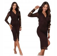 Sukienka CZEKOLADOWA elegancka midi z rozcięciem dł. rękaw z siateczki