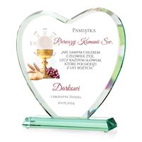 Statuetka szklane serce PAMIĄTKA komunii Świętej prezent NADRUK