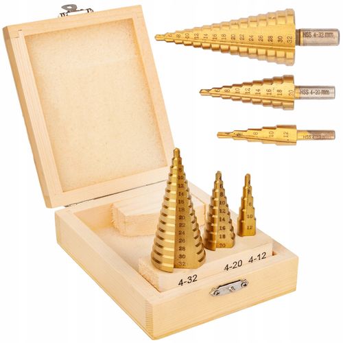 ZESTAW 3 ELEMENTOWY WIERTŁA STOŻKOWE STOPNIOWE DO METALU HSS WALIZKA S0322 na Arena.pl