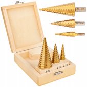 ZESTAW 3 ELEMENTOWY WIERTŁA STOŻKOWE STOPNIOWE DO METALU HSS WALIZKA S0322