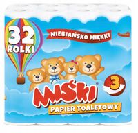 Papier Toaletowy Bezzapachowy Miśki 3 Warstwy Celuloza Biały 32 rolki