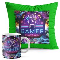 ZESTAW KUBEK + PODUSZKA ZIELONA - GAMER GAMEPAD GAMBLING GRY