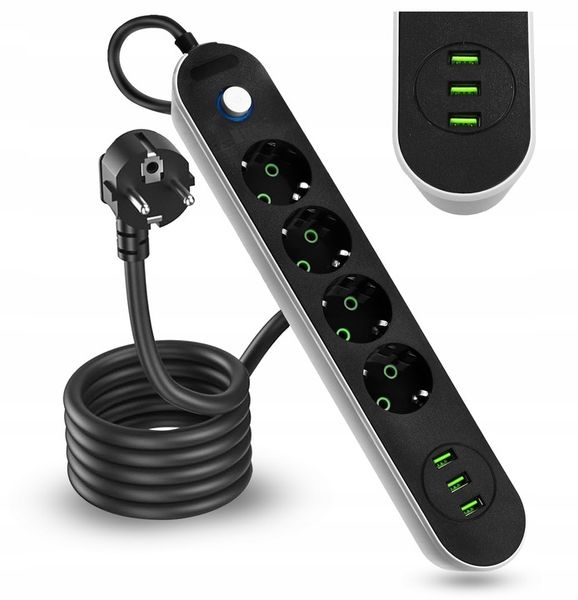 Przedłużacz Listwa Zasilająca 3M 4 gniazda 3xUSB zdjęcie 1