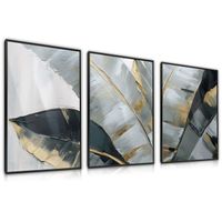 Zestaw 3X Plakat W Ramie Do Salonu Malowane Liście Tropikalne 60cm x 80cm