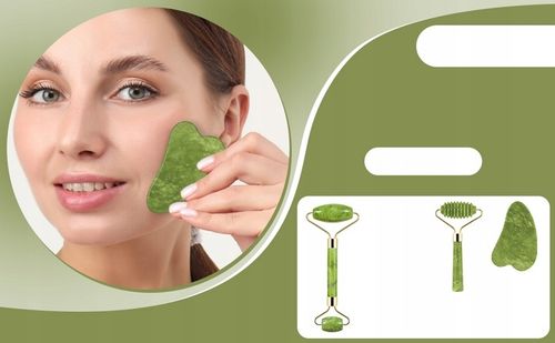 3w1 Masażer do twarzy KAMIEŃ GUA SHA z jadeitu zestaw roller wałek masażu na Arena.pl