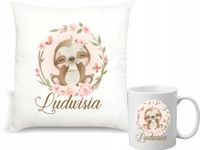 Zestaw PODUSZKA + KUBEK nadruk PREZENT DLA DZIECI ze zwierzętami Z IMIENIEM