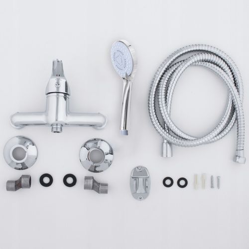 Bateria prysznicowa srebrna ścienna jednouchwytowa ze słuchawką i wężem na Arena.pl