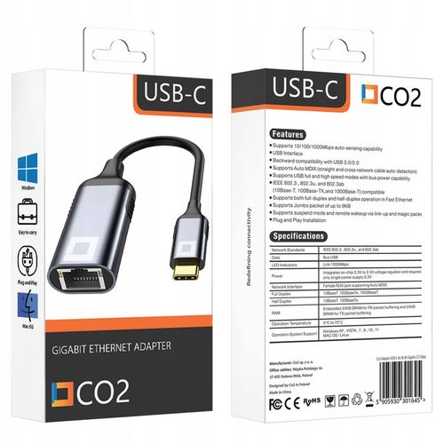 PRZEJŚCIÓWKA USB-C ETHERNET ADAPTER KARTA SIECIOWA LAN GIGABIT RJ45 1000 MB na Arena.pl