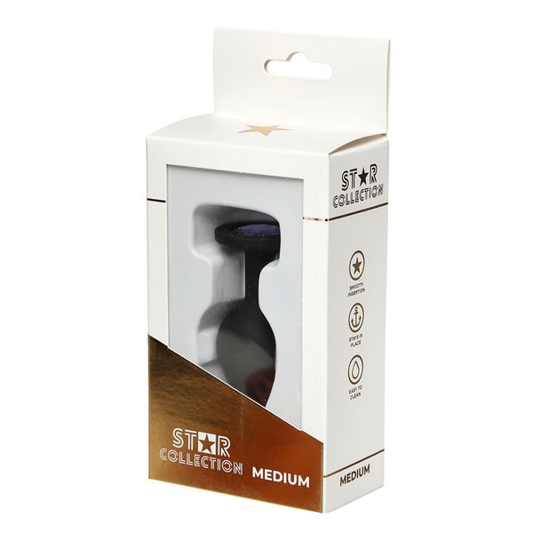 Star Collection - Black Silicone Anal Plug M - Purple Stone zdjęcie 1