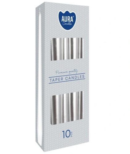 ŚWIECA STOŻKOWA AURA BISPOL S30-271 METALIK SREBRNY 10 SZT, wys. 24,5 cm na Arena.pl