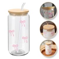 szklanka, różowe kokardki - z rurką i bambusową pokrywką 500 ml - szk131
