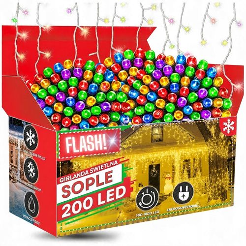 Kurtyna 200 LED 8,8 m Multicolor + Flash Sople Zewnętrzna Gumowy Przewód na Arena.pl